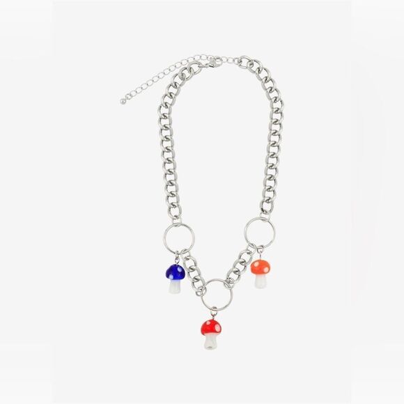 Hot Topic chunky retro Y2K Mushroom O-Ring Chain Choker 🍄 necklace with charms - Picture 1 of 6